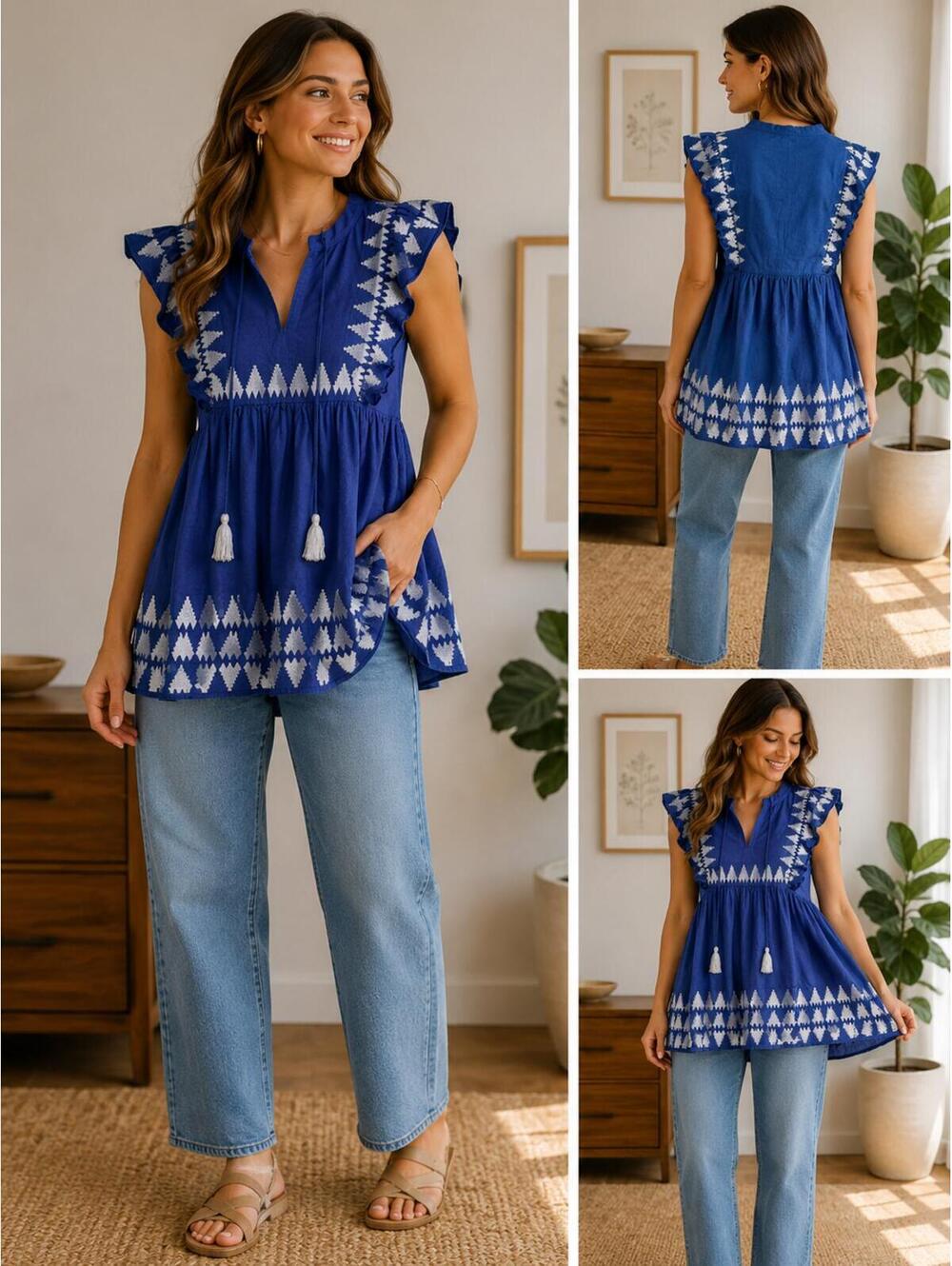 Marie Oliver Cobalt Blue Embroidered Tassel Peplum Blouse